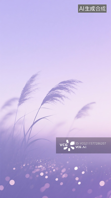 【AI数字艺术】壁纸，浅紫色渐变背景搭配朦胧的茅草剪影，芦苇。低饱和度柔光滤镜图片素材