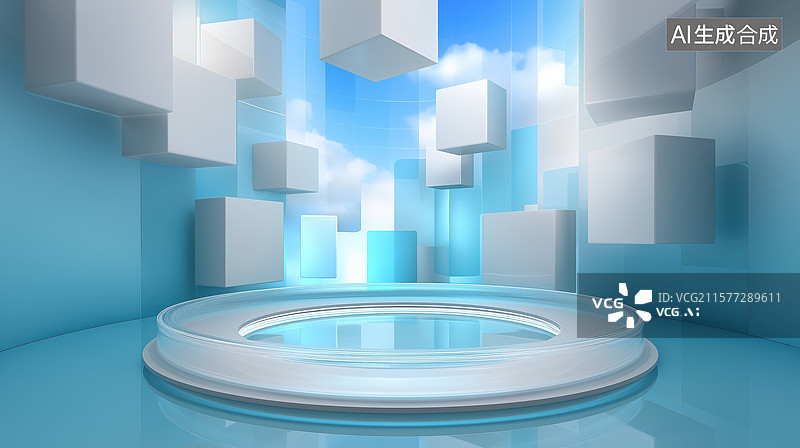 【AI数字艺术】蓝色未来空间展示台图片素材