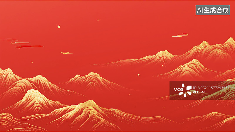 【AI数字艺术】中国画喜庆红色背景国风山水金箔插画图片素材