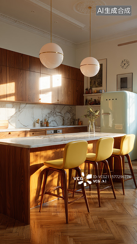 【AI数字艺术】现代厨房岛台与黄色吧椅图片素材