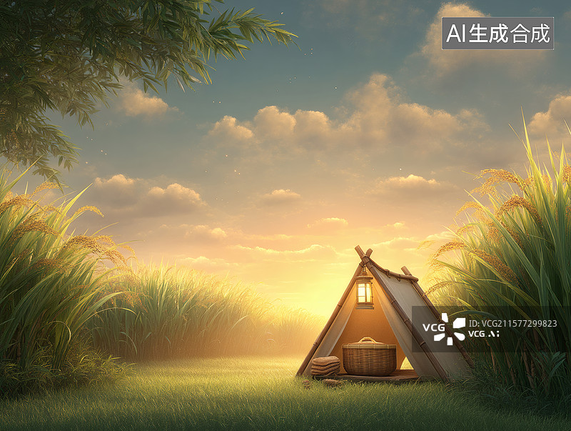 【AI数字艺术】稻田中的温馨小屋图片素材