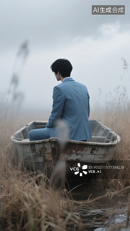【AI数字艺术】穿西装的男人孤独的坐在一条船上图片素材