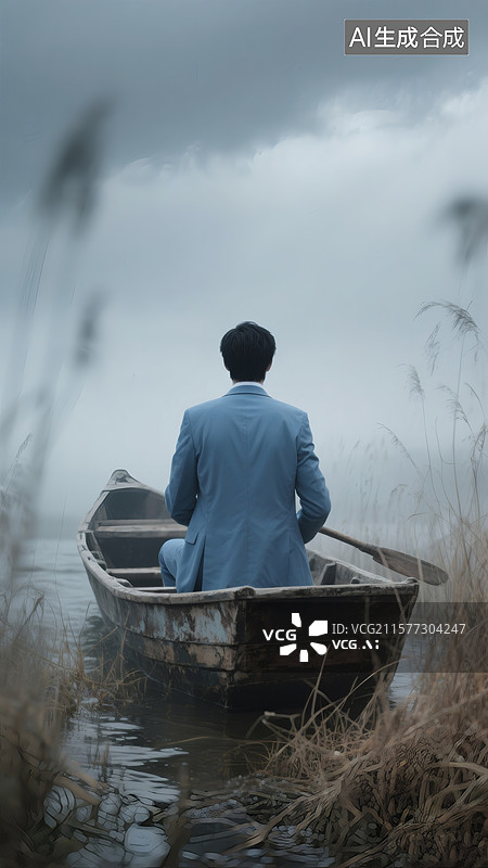 【AI数字艺术】穿西装的男人孤独的坐在一条船上图片素材