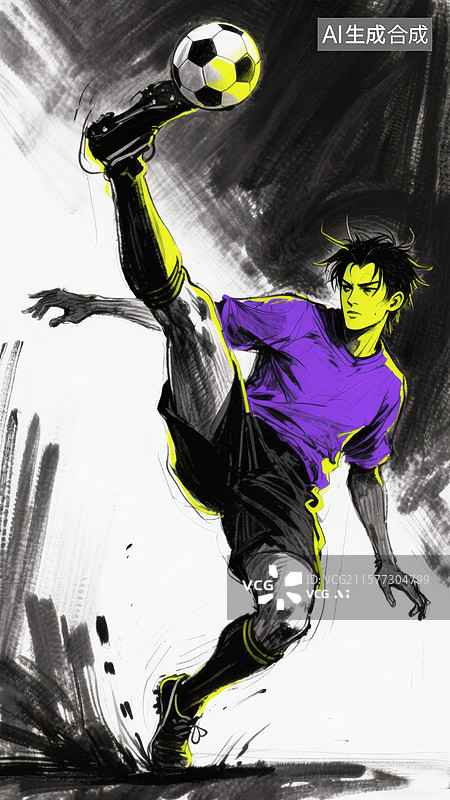【AI数字艺术】炭笔涂鸦踢足球倒挂金钩动作图片素材
