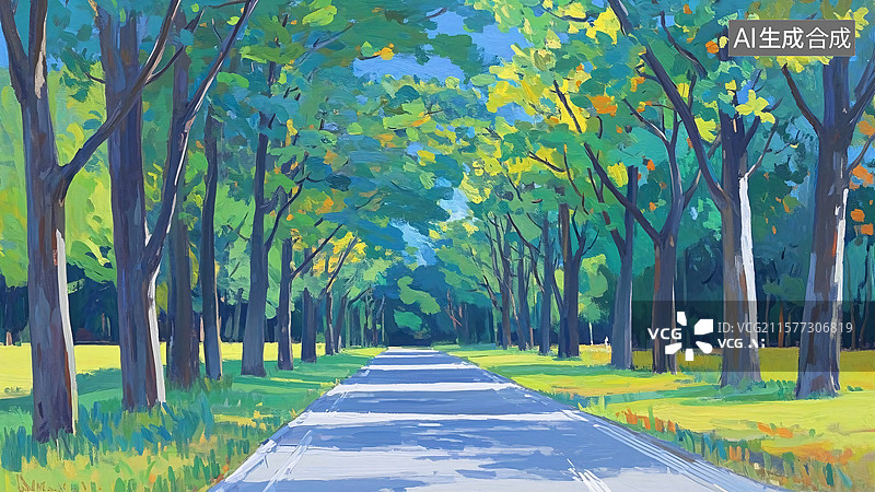 【AI数字艺术】林荫大道插画图片素材