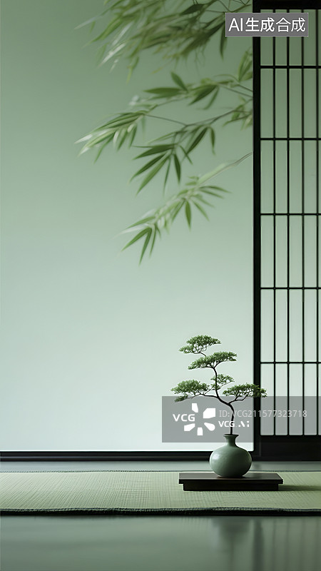 【AI数字艺术】室内绿植与竹影装饰画面图片素材