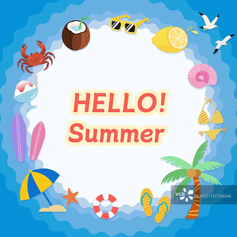 海边沙滩夏季小元素合集summer你好夏天蓝色圆形构图正方形海报图片素材