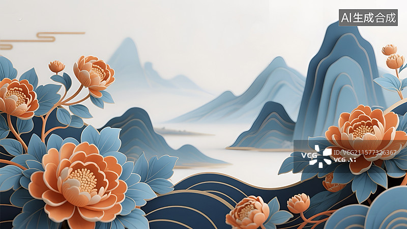 【AI数字艺术】中式风格的山峦与花卉图案图片素材