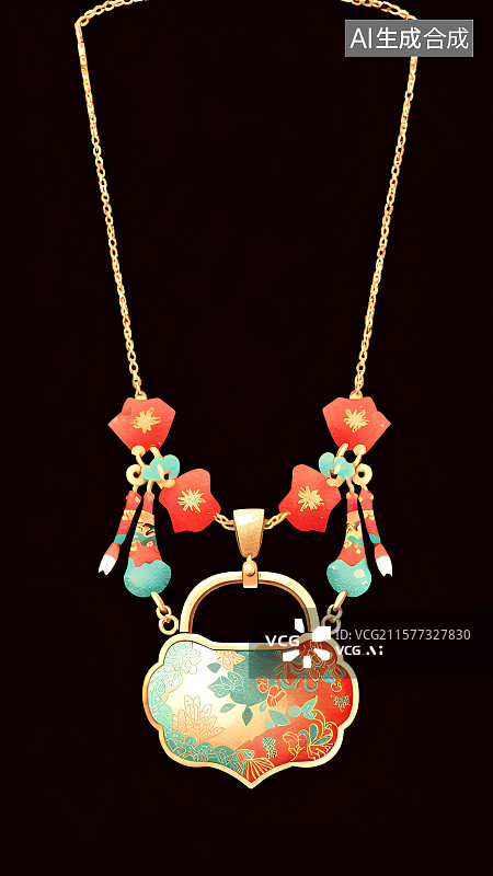 【AI数字艺术】国风手绘插画，古风黄金项链，长命锁，如意锁，宝宝锁，珠宝首饰，挂件装饰图片素材