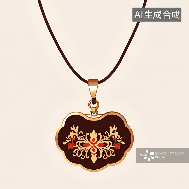【AI数字艺术】国风手绘插画，古风黄金项链，长命锁，如意锁，宝宝锁，珠宝首饰，挂件装饰图片素材