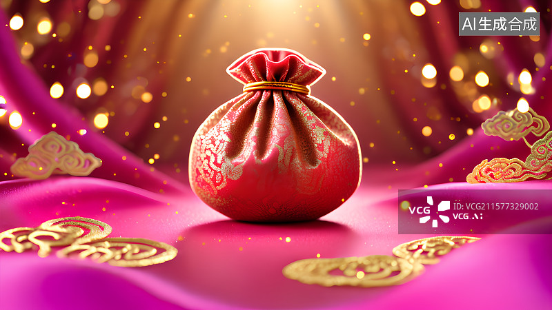 【AI数字艺术】3D渲染，中国风福袋，喜糖，婚礼背景图，壁纸，福袋和丝绸图片素材