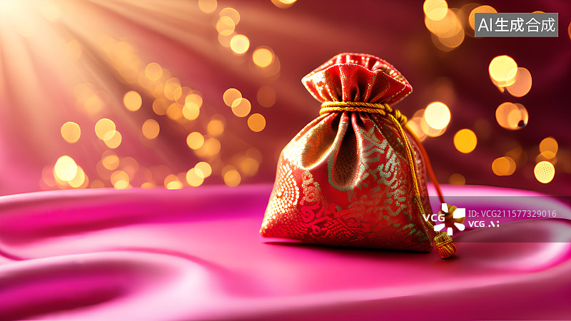 【AI数字艺术】3D渲染，中国风福袋，喜糖，婚礼背景图，壁纸，福袋和丝绸图片素材