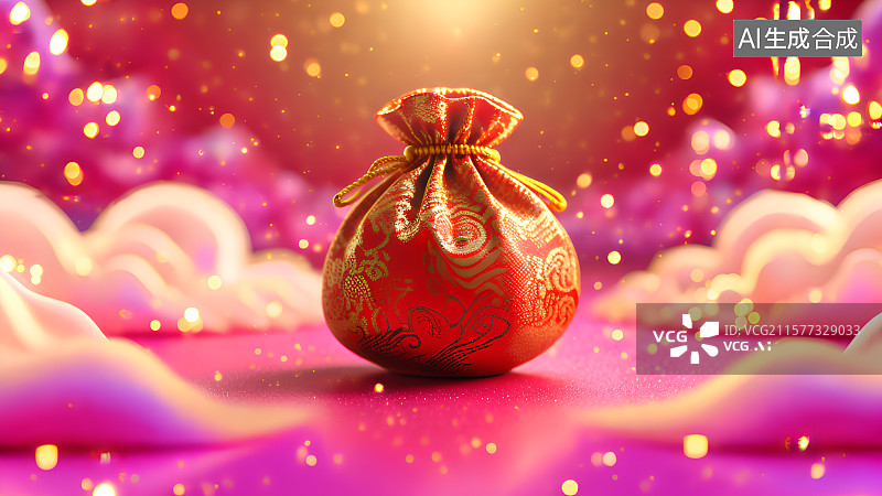 【AI数字艺术】3D渲染，中国风福袋，喜糖，婚礼背景图，壁纸，福袋和丝绸图片素材