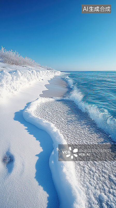【AI数字艺术】冬天雪后海边的沙滩海浪雪地自然风景图片素材