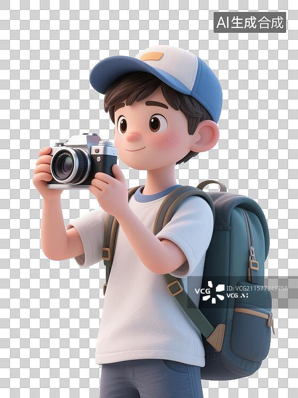 【AI数字艺术】3D渲染免抠元素，一个戴着鸭舌帽子的旅游摄影的男孩图片素材
