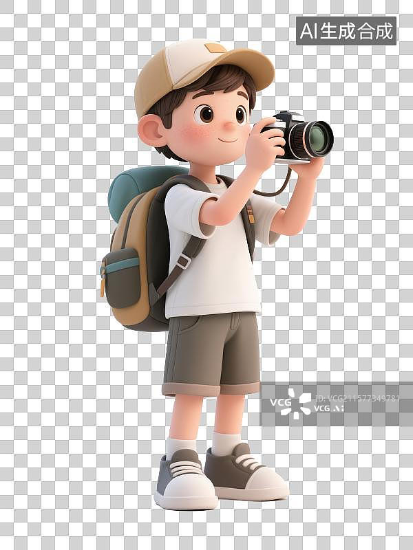 【AI数字艺术】3D渲染免抠元素，一个戴着鸭舌帽子的旅游摄影的男孩图片素材