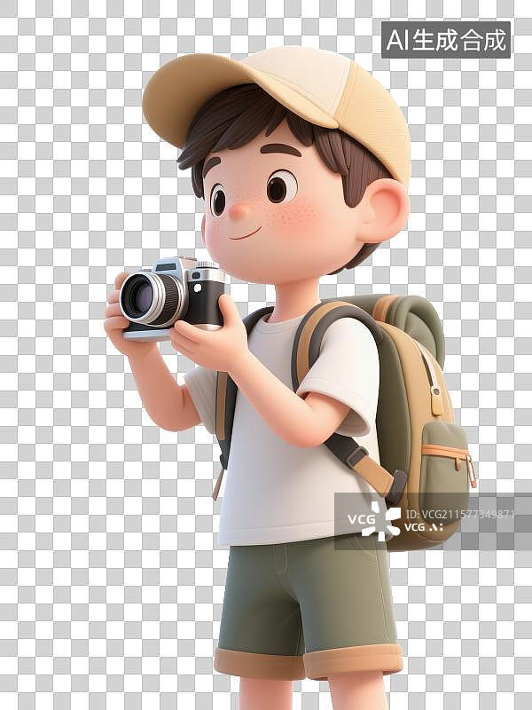 【AI数字艺术】3D渲染免抠元素，一个戴着鸭舌帽子的旅游摄影的男孩图片素材