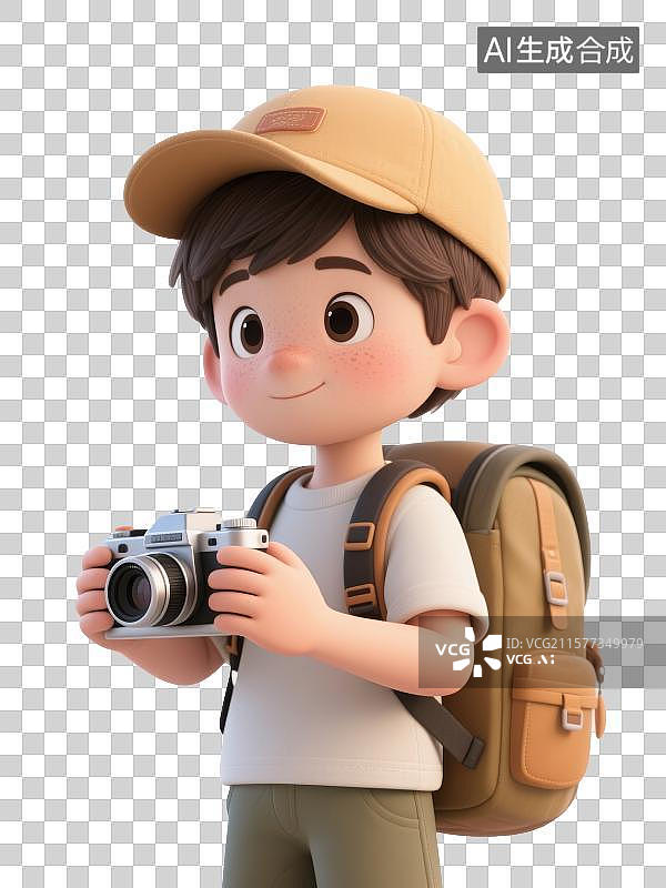 【AI数字艺术】3D渲染免抠元素，一个戴着鸭舌帽子的旅游摄影的男孩图片素材