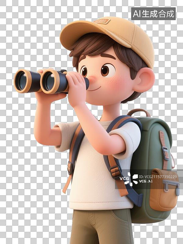【AI数字艺术】3D渲染免抠元素，一个戴着鸭舌帽子拿着望远镜的男孩图片素材