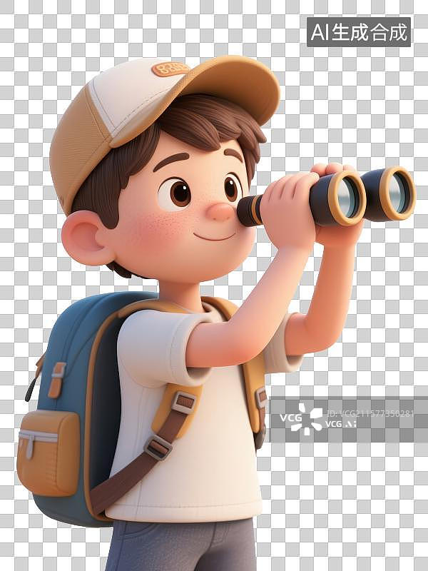 【AI数字艺术】3D渲染免抠元素，一个戴着鸭舌帽子拿着望远镜的男孩图片素材
