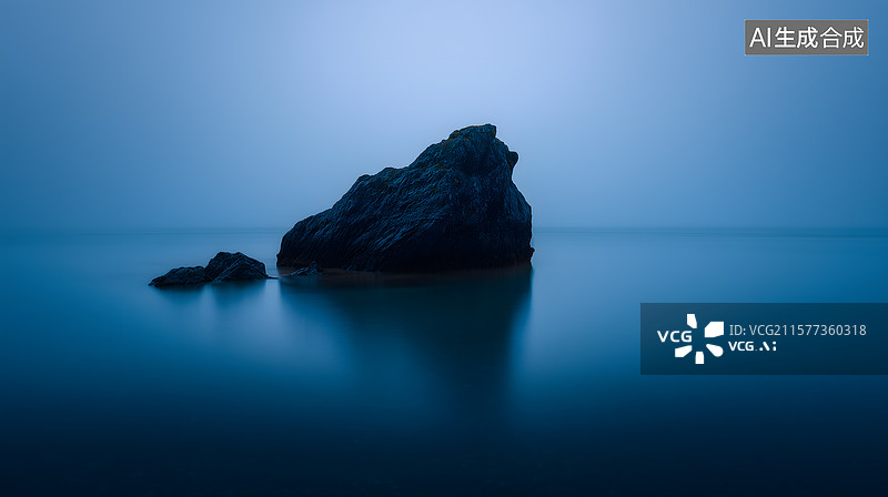 【AI数字艺术】夜海孤岩幽蓝漫清辉图片素材