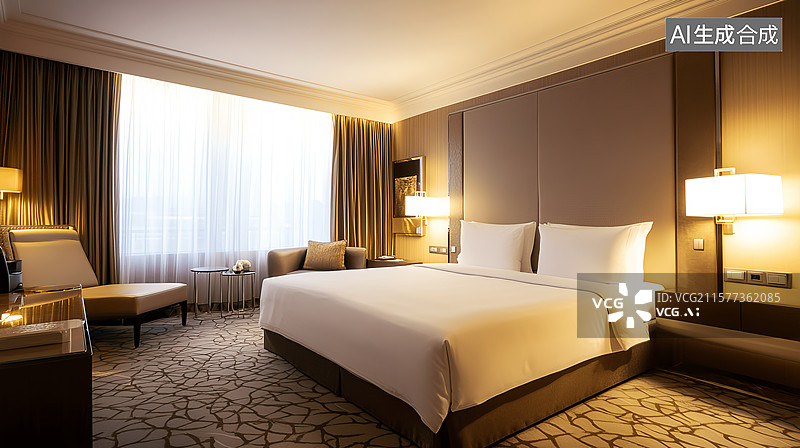 【AI数字艺术】现代商务型酒店城市景观大床房客房样板间图片素材