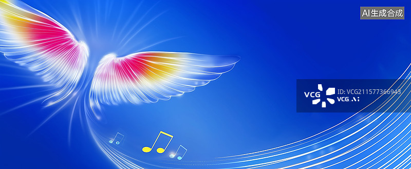 【AI数字艺术】音乐翅膀在蓝色背景中飞翔图片素材