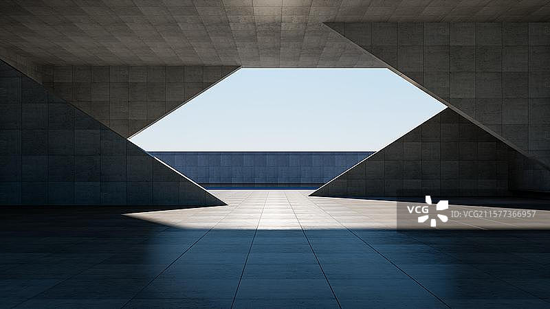 极简主义建筑的宁静空间 空旷露台的现代几何美学 3D现代城市建筑及广场空地背景图图片素材
