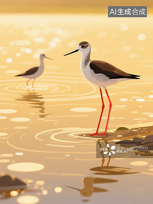 【AI数字艺术】自然生态摄影下浅滩单腿站立的长脚鹬图片素材