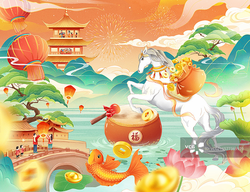 国潮风春节 2026马年春节创意插画 白马迎新年贺岁国风年画 一匹背着钱袋的骏马 马到成功 横版图片素材