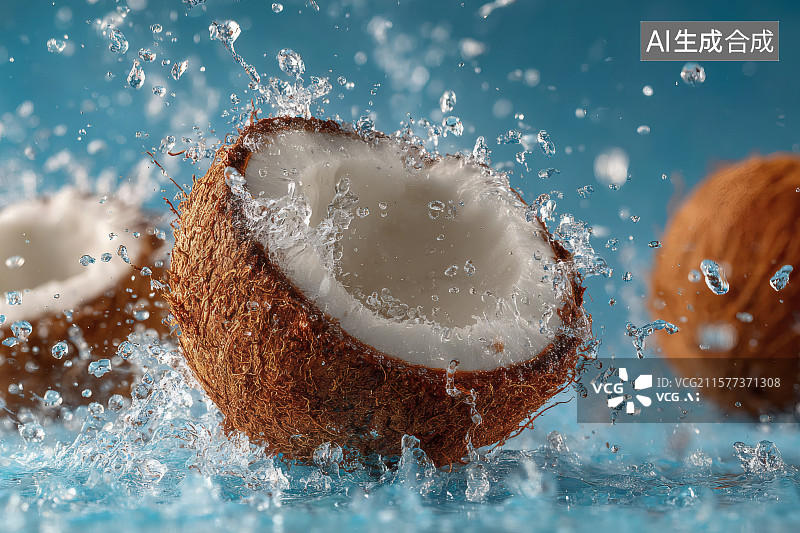 【AI数字艺术】切开的椰子，洒落的椰子汁图片素材