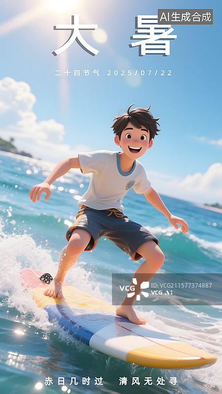 【AI数字艺术】大暑3D冲浪海报图片素材