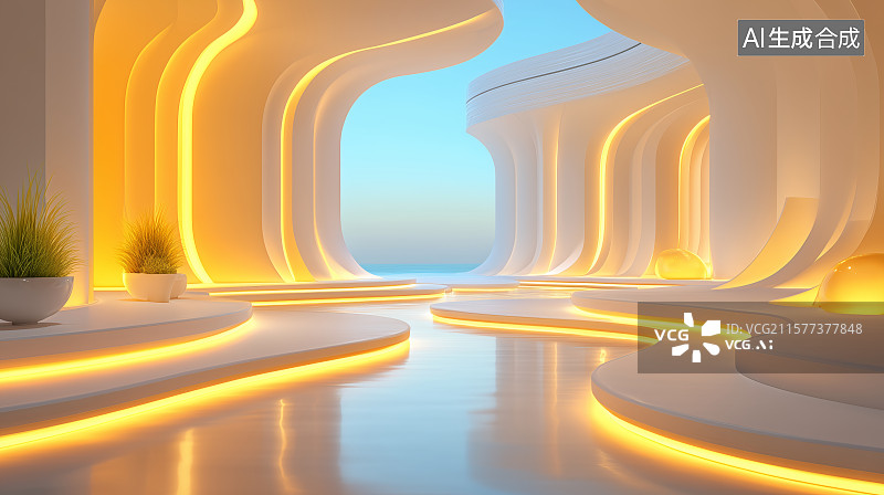 【AI数字艺术】未来感舞台设计弧形灯光环绕图片素材