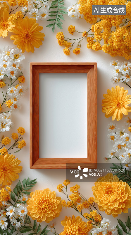 【AI数字艺术】黄色和白色花朵环绕的空白相框图片素材