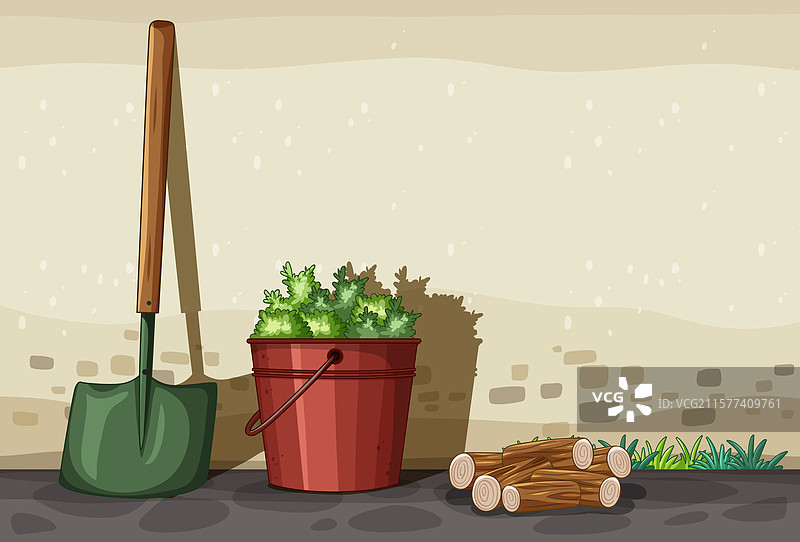 装满绿色植物的铲斗和堆叠的木柴图片素材