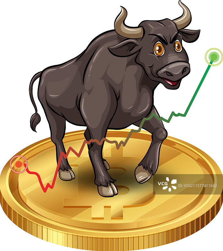 公牛站在上涨的加密货币硬币上图片素材