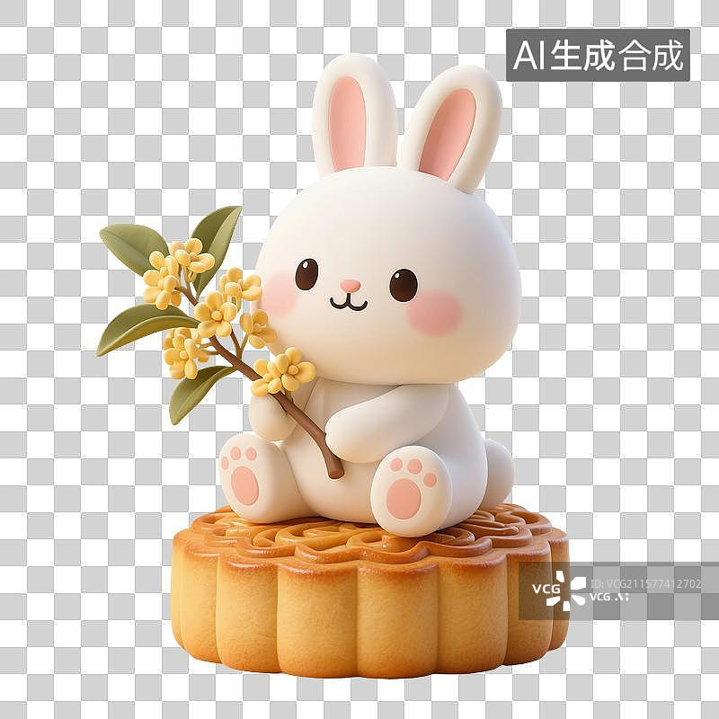 【AI数字艺术】3D渲染，月饼和可爱卡通小兔子，白兔拿着桂花，玉兔，中秋节，八月十五免抠素材图片素材