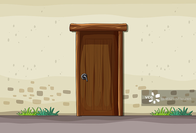 一扇嵌在石墙中的木门图片素材