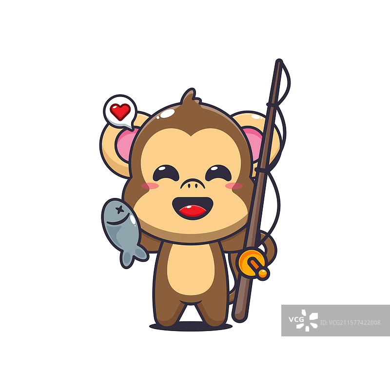 卡通猴子用钓竿钓鱼图片素材