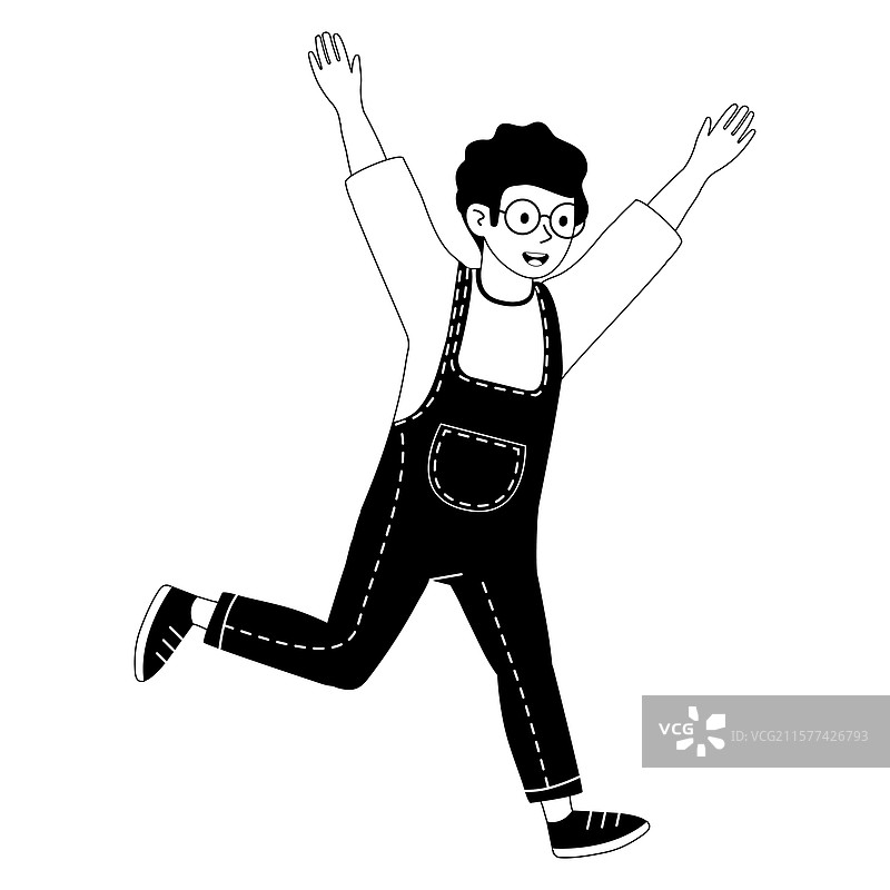 男孩穿着背带裤，兴奋地举起双臂奔跑。图片素材