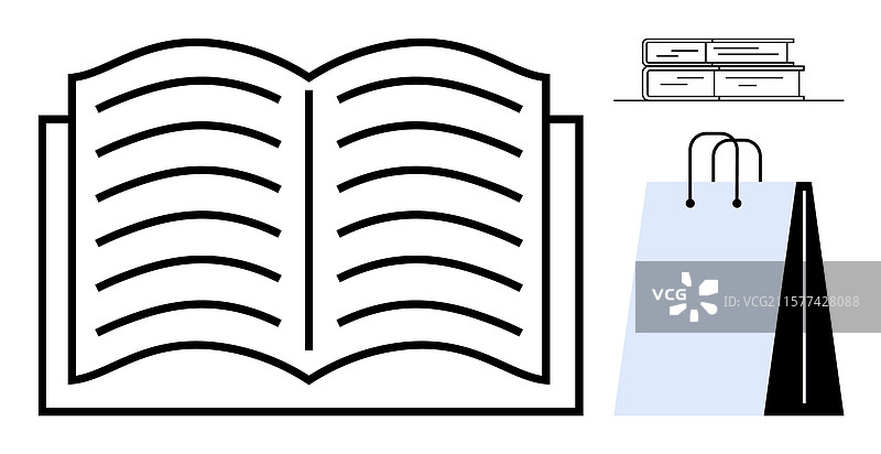 打开的书旁边放着一堆书和一个购物袋图片素材