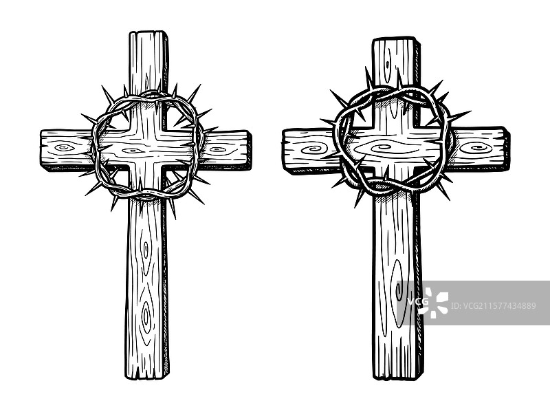 黑白素描的木十字架图片素材