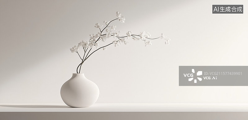【AI数字艺术】白色花瓶中的枝条与花朵图片素材
