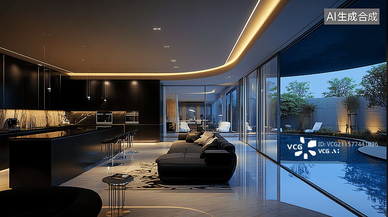 【AI数字艺术】现代轻奢黑金带开放式厨房泳池独立式别墅豪宅图片素材