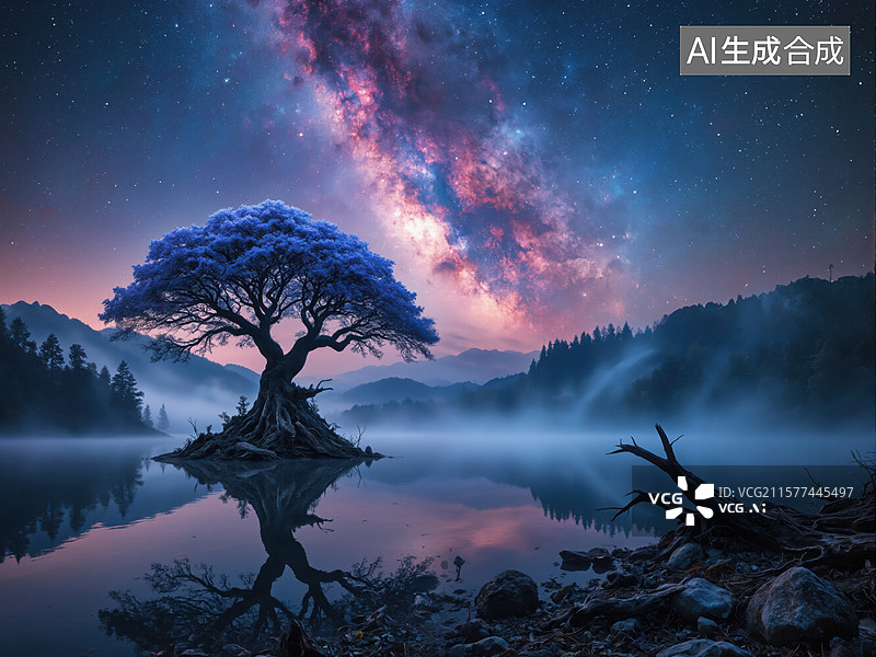 【AI数字艺术】星空下的孤树图片素材