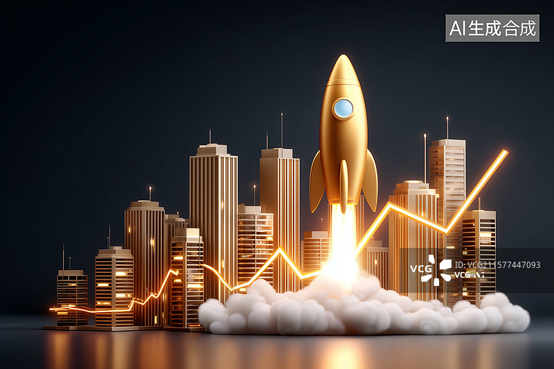 【AI数字艺术】城市建筑与火箭 房价上涨概念图片素材