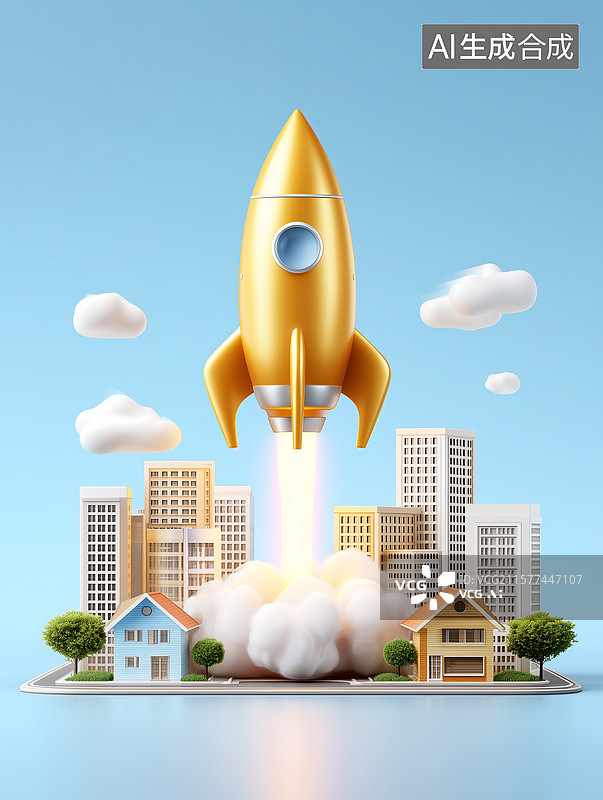 【AI数字艺术】城市建筑与火箭 房价上涨概念图片素材