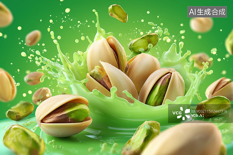【AI数字艺术】绿色背景开心果飞溅广告摄影棚拍图片素材
