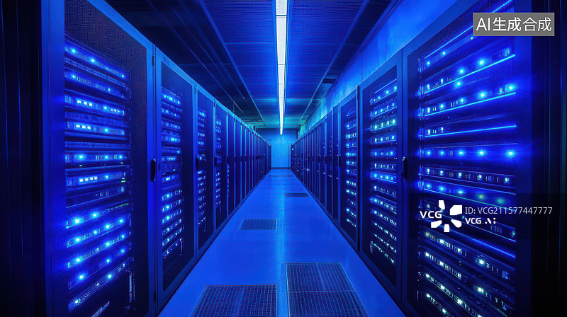 【AI数字艺术】蓝色灯光下的数据中心服务器机房图片素材