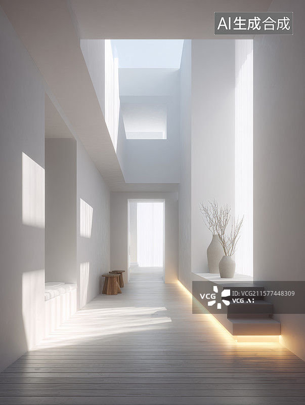 【AI数字艺术】白色通透空间中的植物角落与阳光图片素材